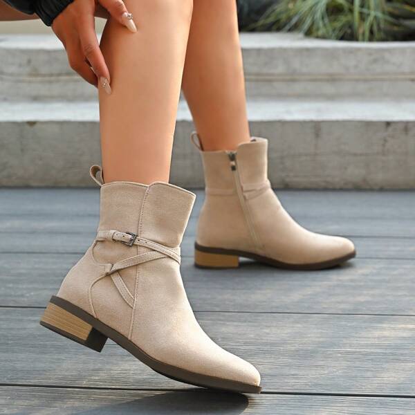 Women's Solid Color Retro Short Boots With Side Zipper, Fashion Short Boots