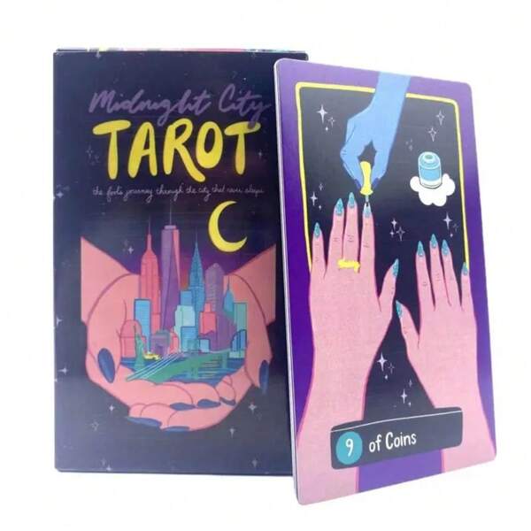 Bohemian Cityscape Divination Set: Artisan-Printed Midnight Tarot Featuring Crescent Moon & Star Motifs For Winter Solstice
