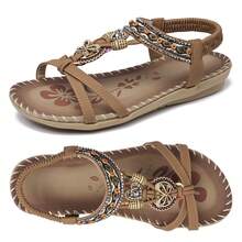 Women Sandals Floral Print Elastic Strap Lightweight Beach Shoes - Dark Brown - View 6