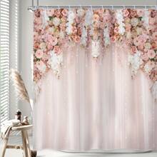 1/4pcs - Bridal Floral Elegant Bathroom Set, Wedding Flower Pink Rose Ladies Natural Floral Art Printed 12 Hooks Waterproof Shower Curtain, Non-Slip Bath Mat, Toilet U-Shape Cover, Cover, Home Decor Gift Back To School