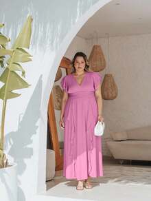 Bridesmaid Plus Size Chiffon Long Prom Dress With Short Sleeves With Double Ruffle Flowing Skirt With Ruffle Details On The Skirt Simple Elegant Party ElegantElegance Chiffon Zipper Ruffle Bridesmaid Wedding Birthday Party Party Graduation Party Formal And Evening Wedding Guest Prom - Rosa - Ver 3
