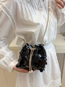 1 Pc Fashionable Sequin Embellished Women's Clutch Bag With Metallic Chain, Shoulder Bag For Ladies, Summer Party And Holiday Gift, High-Rated Brand Handbag