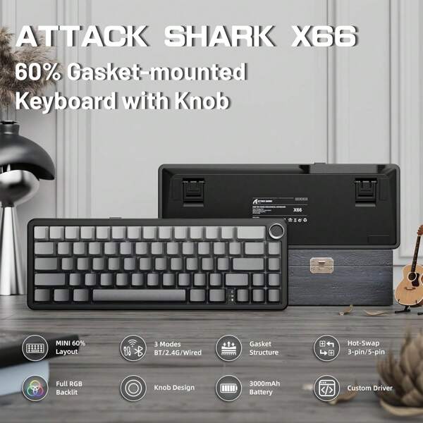 ATTACK SHARK ATTACK SHARK X66 kabellose mechanische Gaming-Tastatur mit Drehknopf, Tri-Mode USB-C/BT5.0/2.4G Gasket-Montage 60% RGB Gaming-Tastatur, seitlich bedruckte PBT-Keycaps, Hot-Swap-fähige Strawberry-Schalter