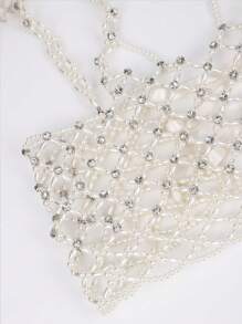 1 pezzo Canotta da donna con corpetto decorato con perle, senza schienale e senza maniche, decorazione con catena sulla schiena, in stile Y2K, da festa, con paillettes e perline lucenti