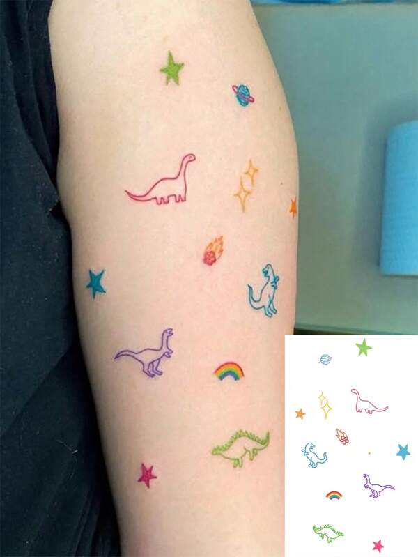 1 Stück wasserfester temporärer Tattoo Aufkleber, PVC, einfache Ausdrücke, Stern, Dinosaurier, Mond Muster, geeignet für Mädchen-Süßer Stil und täglichen Gebrauch
