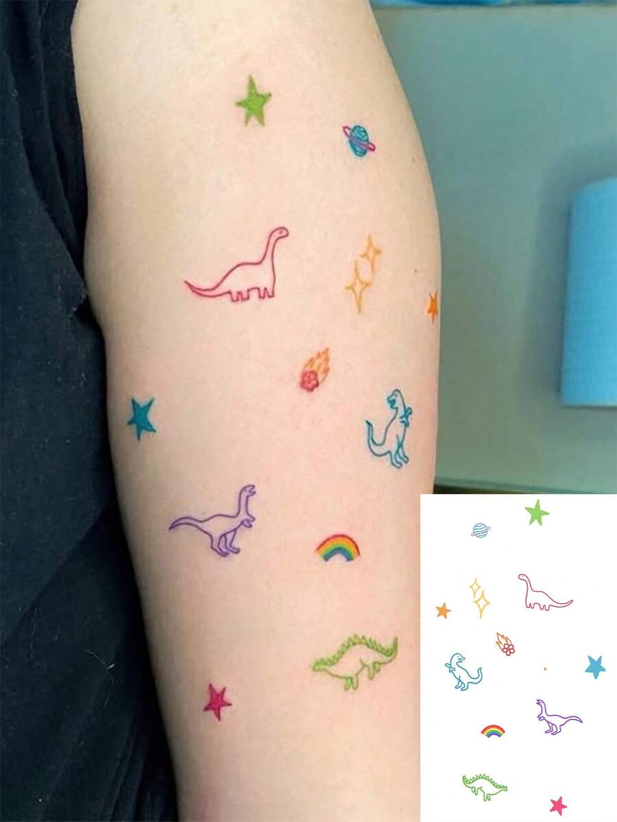1 pieza Tatuaje temporal impermeable, PVC, con diseños simples de expresiones, estrellas, dinosaurios, luna, adecuado para el estilo dulce de chica escolar y uso diario - Multicolor - Ver 1