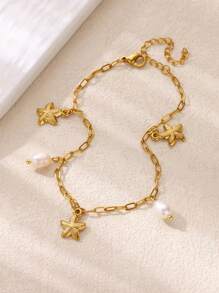 Tornozeleira de aço inoxidável com pingente de estrela do mar e pérola falsa Boho, tornozeleiras e pulseiras banhadas a ouro 18K com estampa de vida marinha antidesbotamento, joias para férias na praia, acessórios para festa, presentes para melhor amiga/mãe