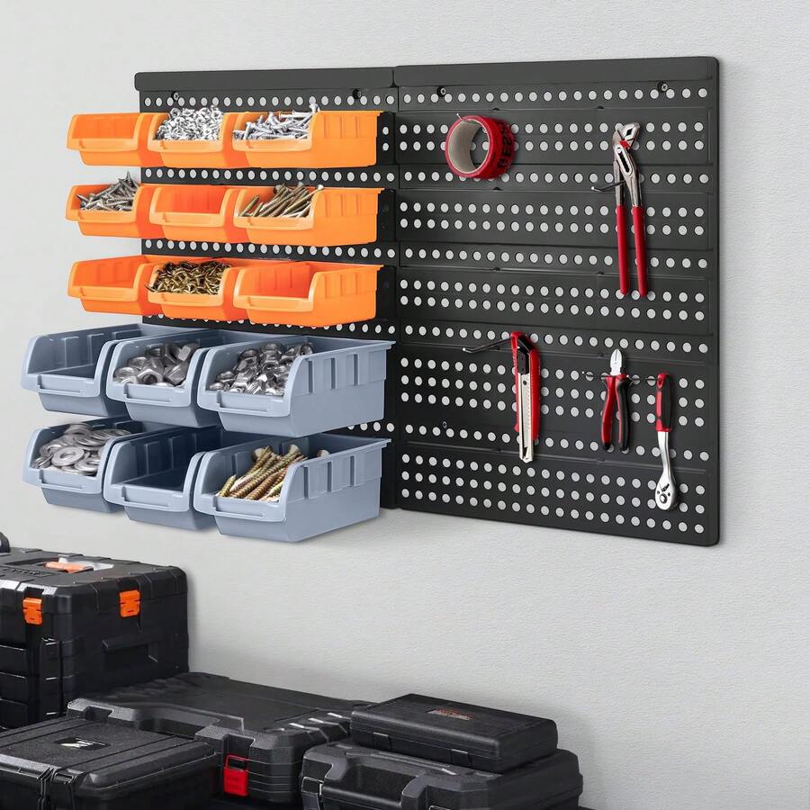 DIY Wall-Mounted Storage System With 30 Bins And 64x41cm Backboard For Tool Organization - Orange+Gray - View 1