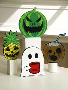 1 件万圣节水果木制标牌，有趣的鬼魂西瓜菠萝椰子南瓜灯装饰，可爱的卡通咖啡鬼桌面装饰，适合秋季丰收派对家居展示 - 彩色 - 查看 2