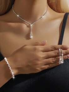 1 Set Minimalist Flower Crystal Decor Adjustable Choker Necklace + 1 Pair High-End Pendant Earrings + 1 Geometric Crystal Bridal Necklace - Fashion Elegant Bridal Jewelry Set For Daily, Ball, Banquet, Party, Wedding, Photography - Gold - View 10