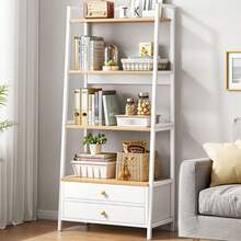 Estantería alta con 2 cajones de almacenamiento, Estantería de 4 niveles, Estante de exhibición, Estante de almacenamiento de madera y metal para sala de estar, dormitorio, oficina en casa - Blanco - Ver 1