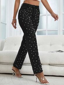 Street Women's Beaded Craft Slim Denim Straight Leg Pants.(Small Fit. Order One Size Up For Comfort.) - màu đen - Xem 3