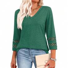 XIEERDUO 3/4 Length Sleeve Womens Tops Dressy Casual Blouses For Women 2025  V Neck T Shirts Summer Clothes - 綠色 - 查看 1