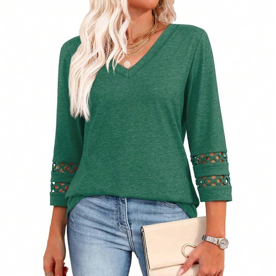 XIEERDUO 3/4 Length Sleeve Womens Tops Dressy Casual Blouses For Women 2025 V Neck T Shirts Summer Clothes - 綠色 - 查看 1