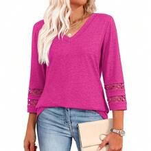 XIEERDUO 3/4 Length Sleeve Womens Tops Dressy Casual Blouses For Women 2025  V Neck T Shirts Summer Clothes - 玫紅色 - 查看 1