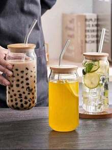 1pc 550ml Or 400ml Clear Straw Bottle, Modern Glass Coffee Cup For Home, Office