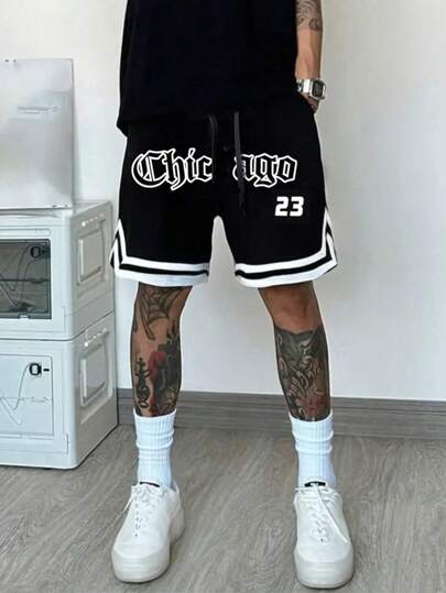 Pantalones cortos deportivos casuales para niño - Pantalones cortos de baloncesto de poliéster con estilo y bolsillos, negros con letras blancas "Chicago", corte holgado apropiado para deportes al aire libre y uso diario, ropa deportiva de moda | Tela duradera