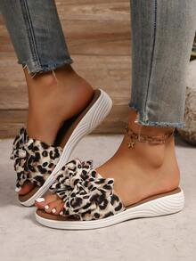 Damen Sandalen mit dicker Sohle, Schleife und Leoprint, bequeme Plateau-Keilpantoffeln, für Sommer und Herbst