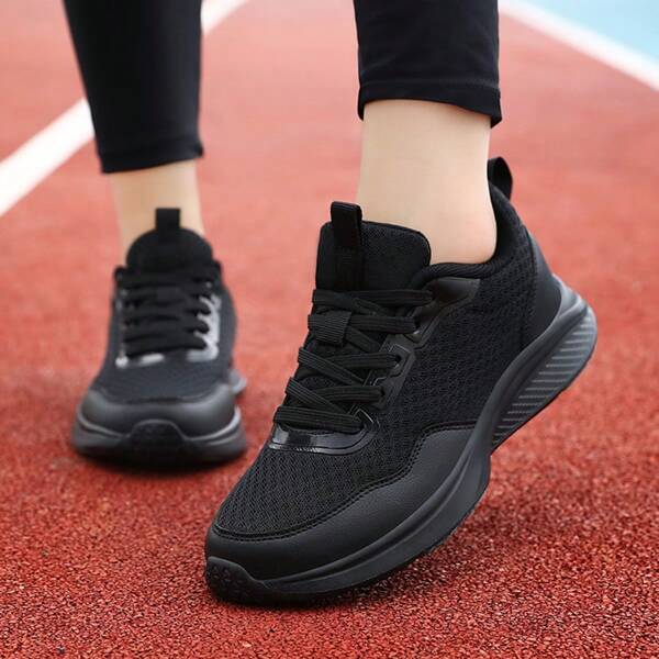 Sapatos de malha femininos para atividades ao ar livre, calçados casuais respiráveis, cor preta sólida, tênis confortáveis para o trabalho, para todas as estações