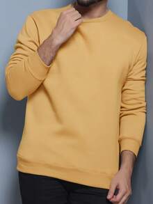 Cold Weather Sweatshirt Without Hood Round Neck Plain With Plush 3 Cables High Quality Unisex - 芥末黃 - 查看 3