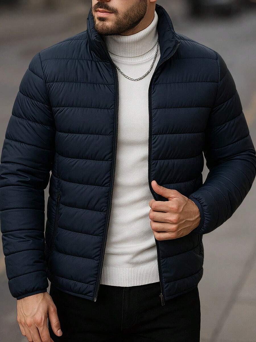 Chamarra Acolchada para Hombre, Estilo Elegante Urbano, Ligera, Antifrío para Invierno, Forro Afelpado - Azul Marino - Ver 1