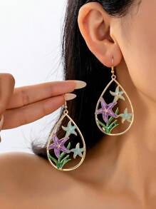 2pcs Metallic Colorful Oil Drip Starfish Drop Earrings, Suitable For Women Daily And Beach Wear