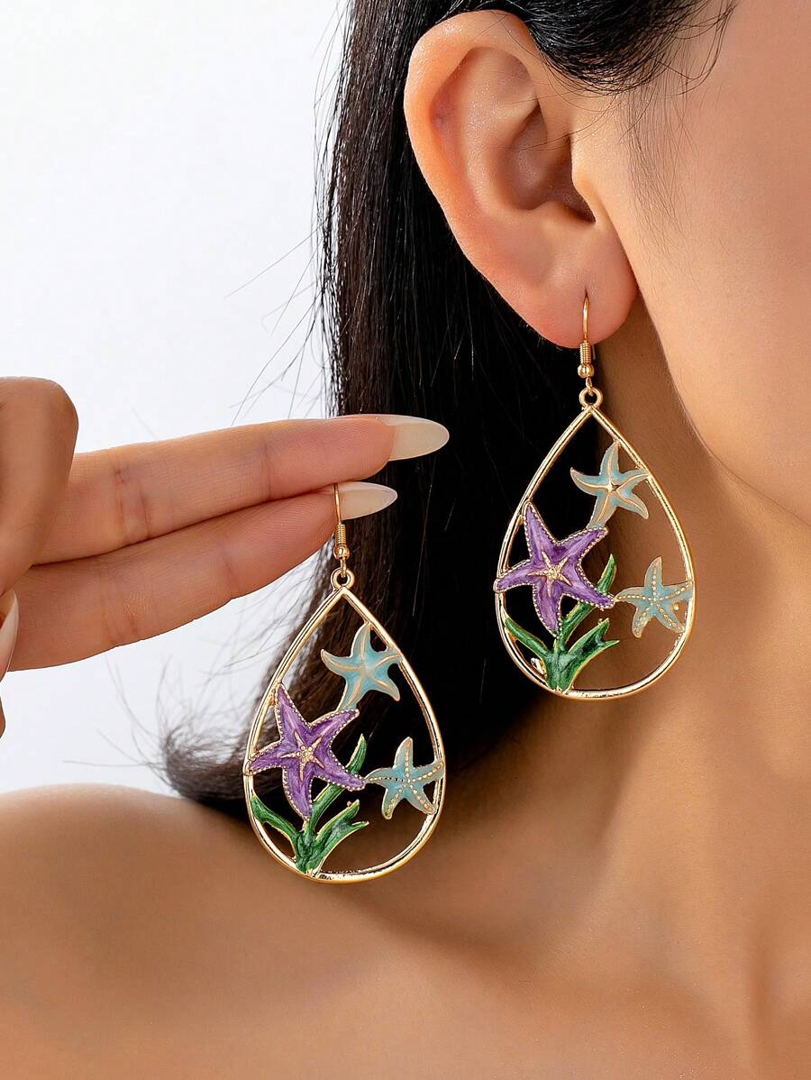 2pcs Metallic Colorful Oil Drip Starfish Drop Earrings, Suitable For Women Daily And Beach Wear