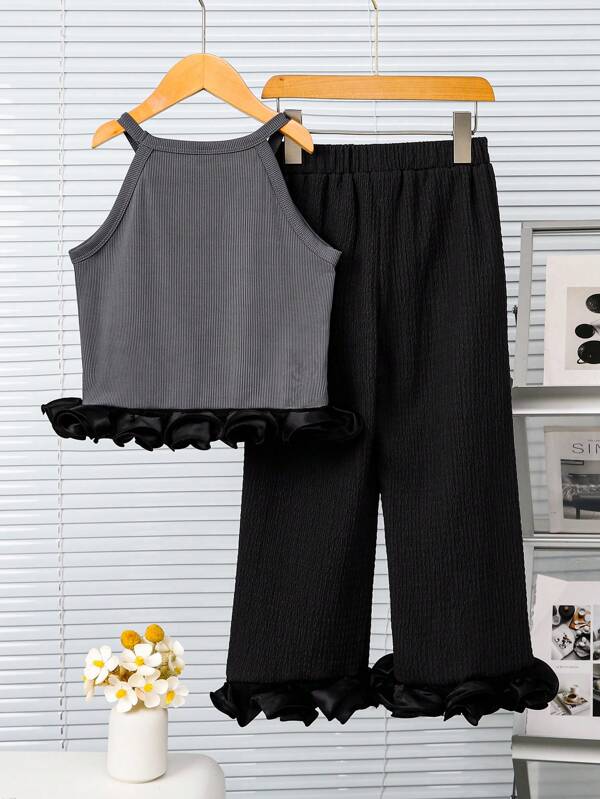 Parte superior sin mangas con adorno floral + Pantalones de 3/4 unicolor para niñas