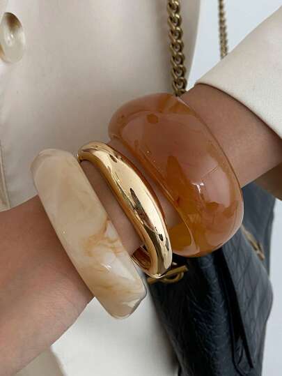 1pc/3pcs Set Bohemian Style Wide Smooth Retro Charm Resin Cuff Bracelet, Luxurious Vacation Party Women & Couples Casual Daily Versatile Gold Jewelry Gift (Slight Defects And Color Difference In Resin Bracelet Are Normal)