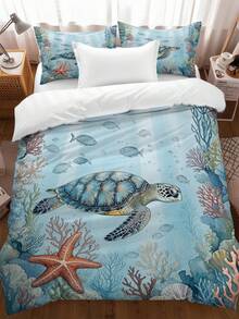 3 pièces Ensemble de housse de couette imprimé tortue marine, étoile de mer, corail océan (1 housse de couette + 2 taies d'oreiller, insert de couette non inclus), thème océan, apaisant la fatigue visuelle, convient pour toutes les saisons, idéal pour la décoration de literie d'hôtel, chambre, chambre d'amis et dortoir - Multicolore - Voir 8