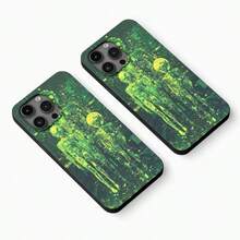 The Phone Case Features A Digital Abstract Image Of Humanoid Figures, Depicted In Vibrant Green Hues Against A Dark Background, Resembling A Futuristic Or Sci-Fi Theme. Skin-Friendly Luxury Concave Frame Lens Protection - Simple Design For IPhone 16 15 14 13 12 11 Pro Max 16 15 14 Plus