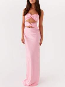 Women Cutout Tube Long Dress Strapless Bodycon Maxi Dress Bandeau Backless Dresses Summer Holiday Beachwear - 粉色 - 查看 1