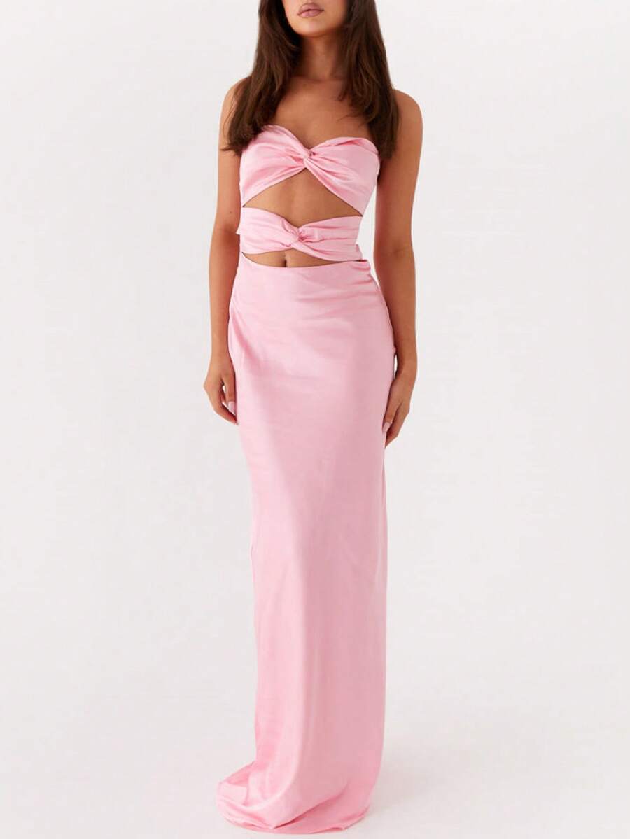 Women Cutout Tube Long Dress Strapless Bodycon Maxi Dress Bandeau Backless Dresses Summer Holiday Beachwear - 粉色 - 查看 1