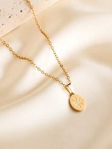 1 件时尚奢华 18K 镀金不锈钢几何椭圆神秘八角星太阳吊坠项链，防过敏颈链，适合女性、日常、度假、派对、礼物，用途广泛 - 金色 - 查看 2