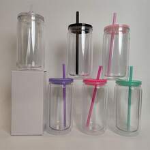 [ 4/8/12/25/50PCS ] 16 Oz Plastic Snowglobe Tumblers Pre Drilled, 16oz Double Wall Acrylic Snow Globe Tumbler Cup Supplies Clear Plastic Can Snowglobe Cups Bulk With Pre-Drilled Hole And Hole Stopper For Snow Globe Glitter DIY Crafts Gifts - Clear(with Colors Lids) - 查看 3