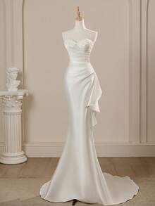 Women Solid Satin Sequins Lace Strapless Tail Elegant Mermaid Wedding Dresses Bridal, For Bride - White - View 1