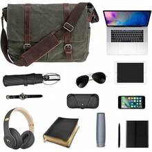 Maletín de lona encerada de cuero genuino vintage, bolso de hombro grande, bolso de computadora resistente para laptop de 15.6" - Negro-3 - Ver 7