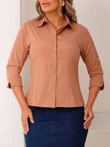 Half Sleeve (3/4) Slim Shirt | T-Shirt | Evangelical Fashion | Women's Blouse | PLUS SIZE - 鏽棕色 - 查看 9