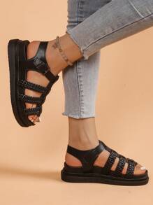 Women's Flat Sandals, New Thicker Sole Black Sandals, Roman Style Non-Slip Versatile Fashion Sandals, Casual Beach Sandals For Summer