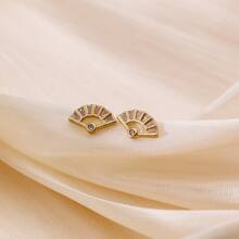 1 Pair Minimalist Zirconia Inlaid Fan Shaped Stud Earrings For Women, Unique Design, New