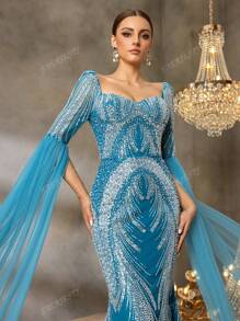 Faeriesty Faeriesty Elegant Evening Gown With Heart-Cut Neckline & Ethereal Sheer Sleeves - Mermaid Silhouette Formal Dress With Embellished Train - For Red Carpet Galas, Luxury Weddings, Diplomatic Balls