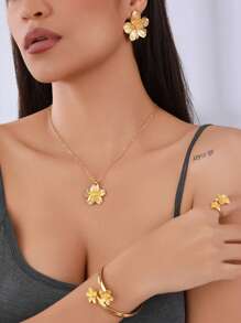 1 Set Luxus goldene blumenförmige Armband, 1 Ring, 1 Halskette, 1 Paar Ohrringe, Schmuckset für Frauen, ideal für Dates, Paargeschenk (ohne Geschenkbox)