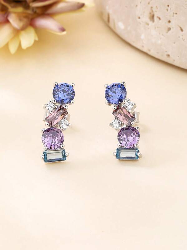 2pcs New Fashion Jewelry Silver-Plated Rainbow Colorful Zirconia Stud Earrings With Hanging Pendant, Creative Elegant Ear Clips For Women
