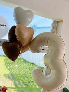 Set de 6 piezas: 1 pieza de 40" Globo de aluminio numérico de color marfil, 5 piezas de 18" Globos de aluminio con forma de corazón, Suministros para fiesta de cumpleaños, Decoración para fiesta de San Valentín con globos de aluminio
