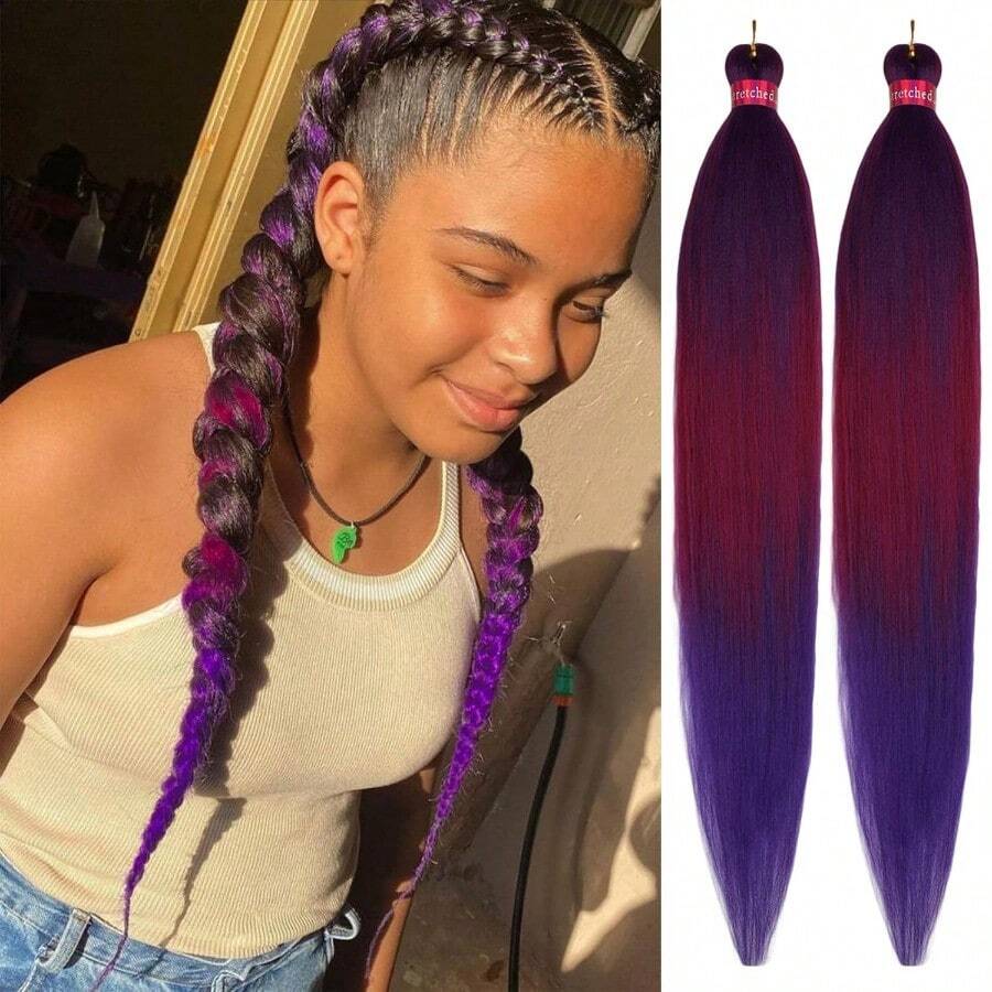 VENDAD-Ombre PurpleRose Red Braiding Hair Extension 28 Inches Pre Stretched Braiding Hair For Hair Braids 2 Packs Yaki Texture Synthetic Braid Hair - tím/đỏ hồng/tím-28Inch(Gói 2) - Xem 1