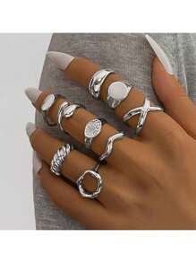 9pcs/Set Geometric Hollow Spiral Design Alloy Rings, Simple Ladies Finger Rings, Suitable For Daily Wear Or Festivals