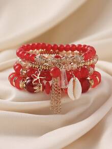 4件套波西米亚风串珠樱桃流苏吊坠叠戴手链套装，适合女性日常、海滩、度假佩戴，母亲节礼物，吊坠位置随机。 - 櫻桃 - 查看 5