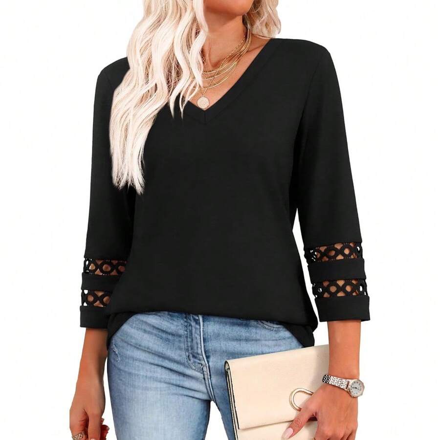 XIEERDUO 3/4 Length Sleeve Womens Tops Dressy Casual Blouses For Women 2025 V Neck T Shirts Summer Clothes - 黑色 - 查看 1