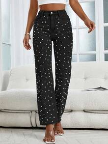 Street Women's Beaded Craft Slim Denim Straight Leg Pants.(Small Fit. Order One Size Up For Comfort.) - màu đen - Xem 4