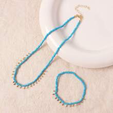 1 pièce Collier + 1 pièce Bracelet Set, Collier pendentif goutte d'eau doré bohème et bracelet, tenue casual pour femmes